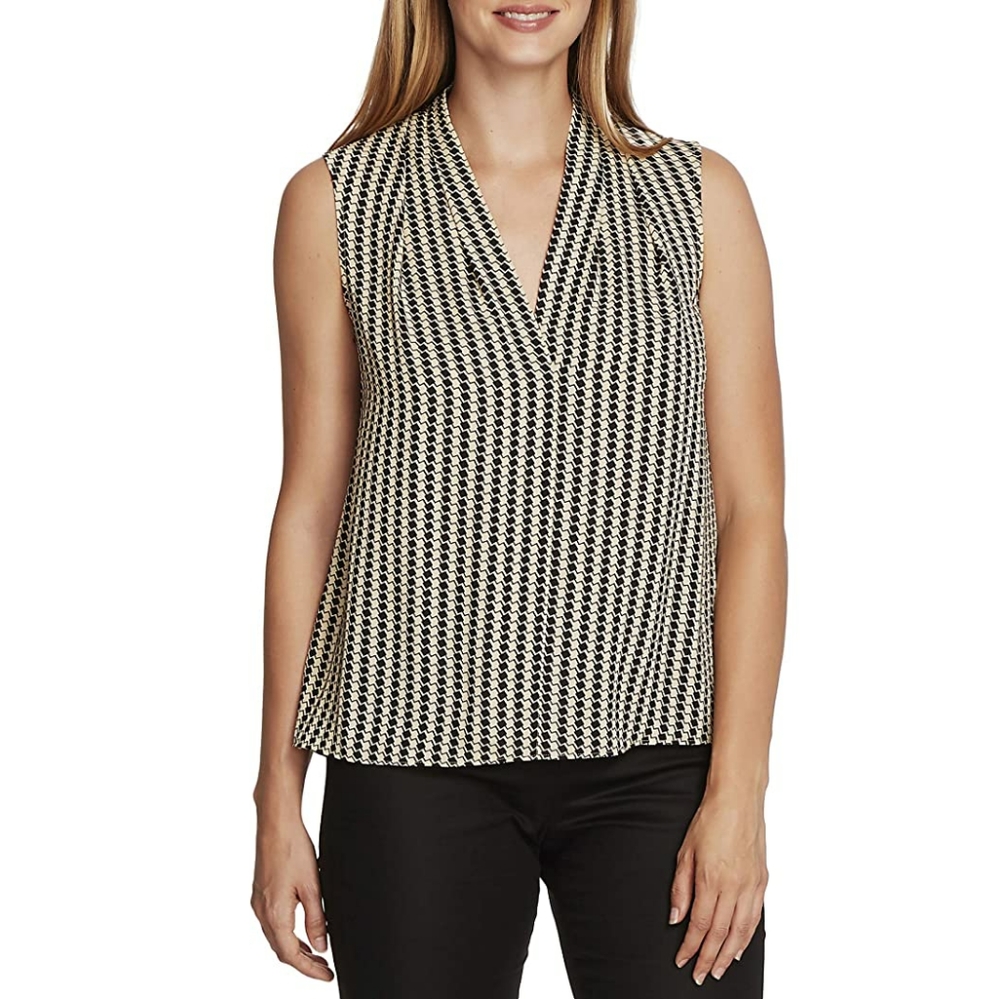 Vince Camuto sleeveless v neck pleated top, small, black/ beige